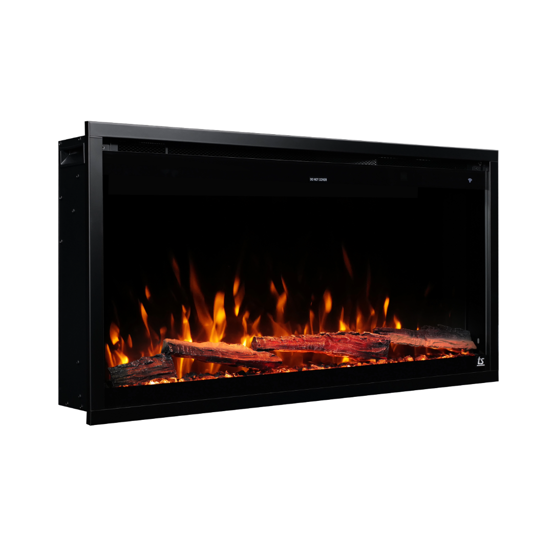 Touchstone Sideline Elite Pro 36 inch electric fireplace angled with orange flames on white.