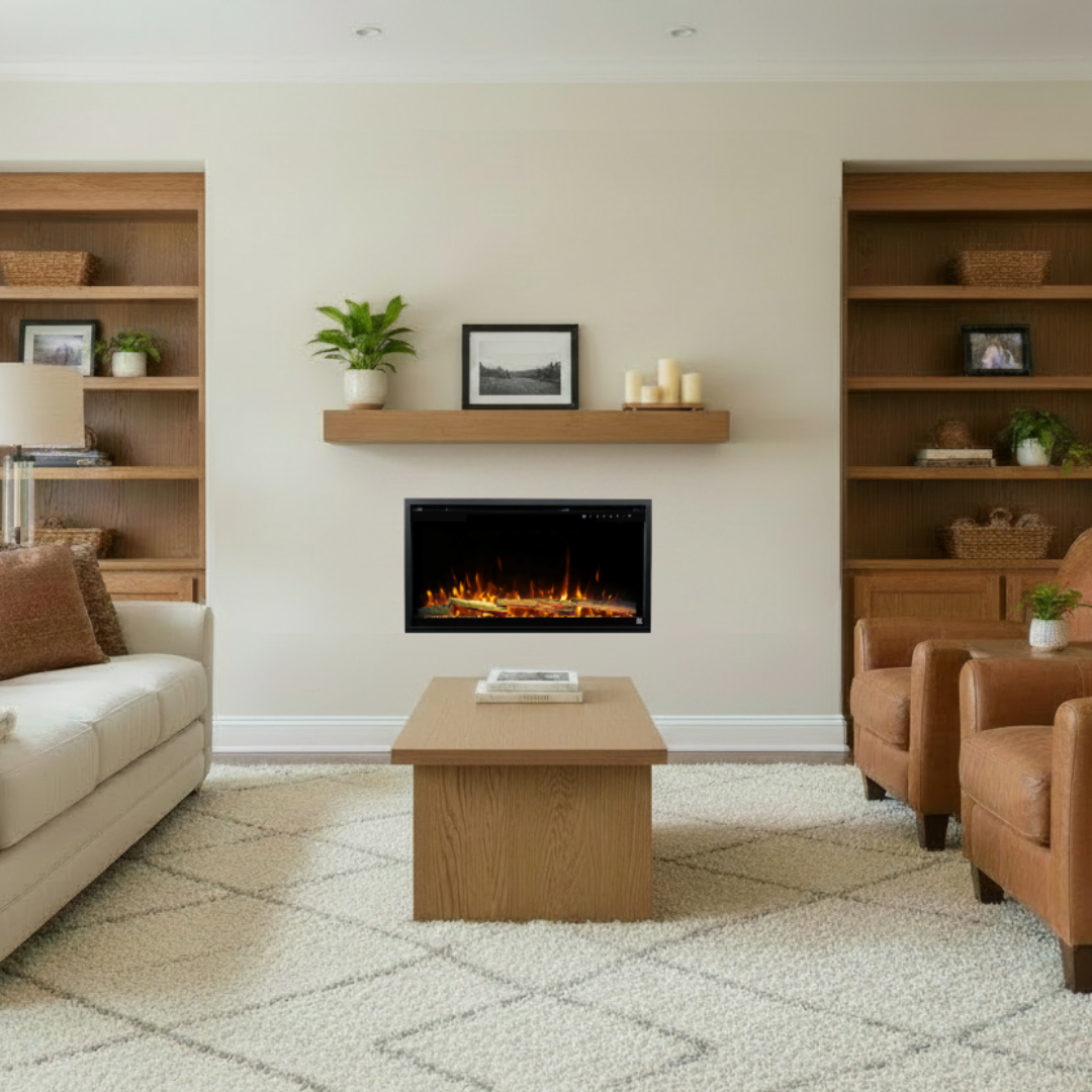 Touchstone Sideline Elite Pro 36 inch electric fireplace lifestyle photo.