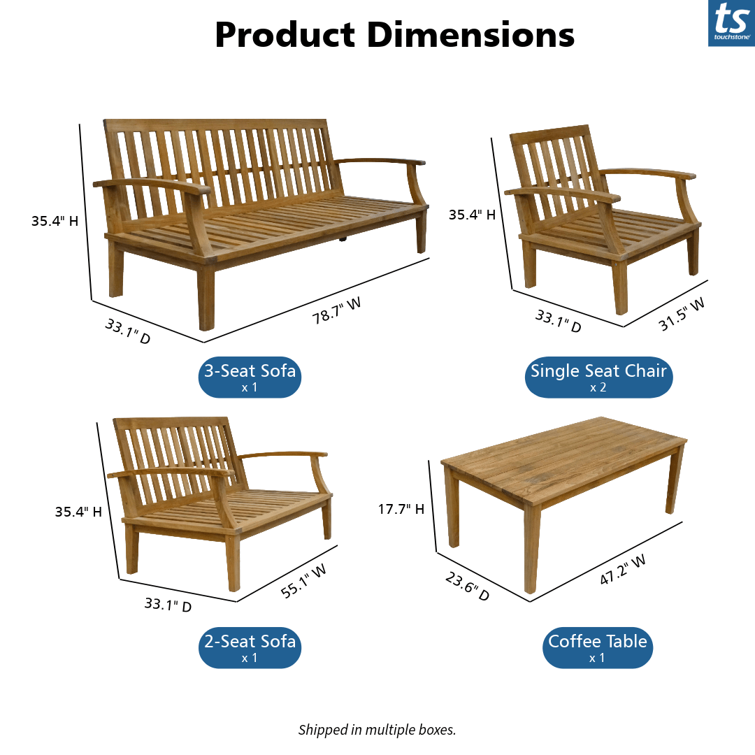 Touchstone Solena Teak 5 piece sofa set dimensions graphic