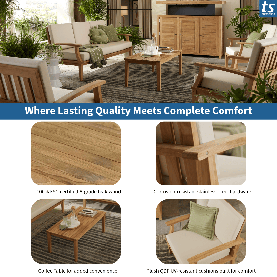 Touchstone Solena Teak Sofa set features infographic
