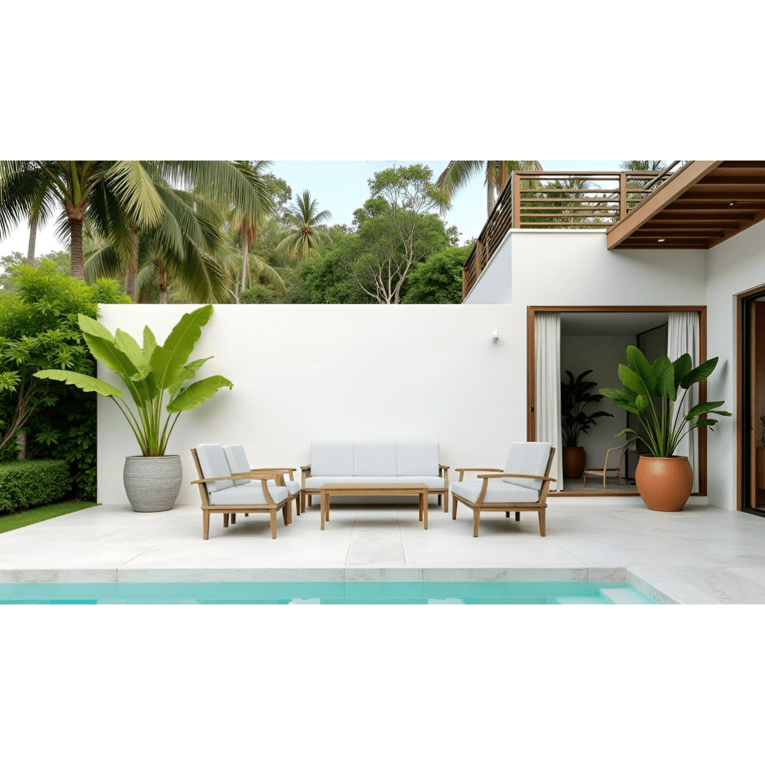 Touchstone Solena Teak 5 piece sofa set poolside lifestyle