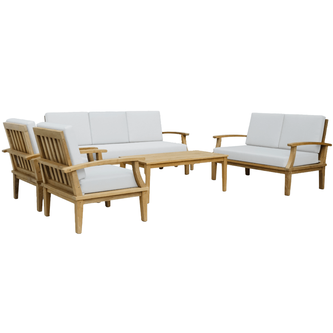 Touchstone Solena Teak 5 piece sofa set angled on white