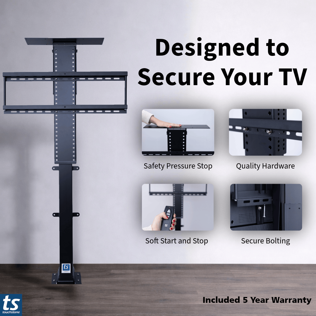Touchstone SRV Smart TV Lift Mechanism graphic about ways this life secures your television.