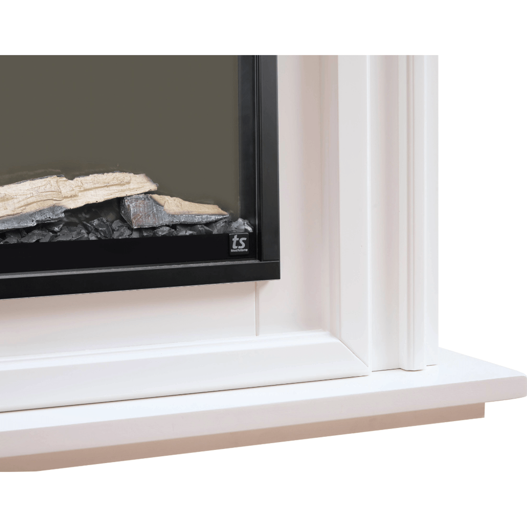 Touchstone Sideline Elite 50 inch surround mantel and fireplace detail shot of corner