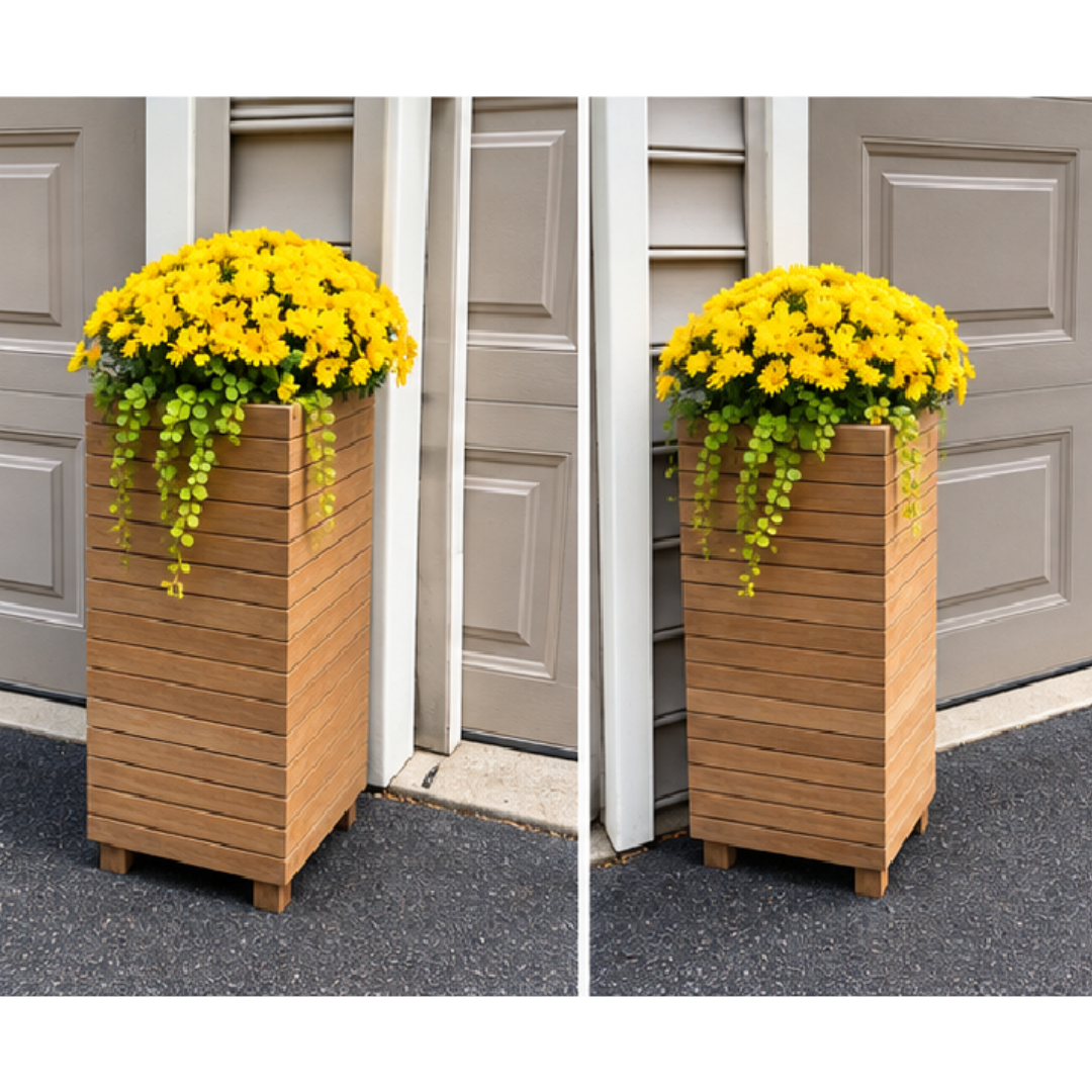 Touchstone Teak Planter - Tall shape outdoor lifestyle photo with a fall theme.