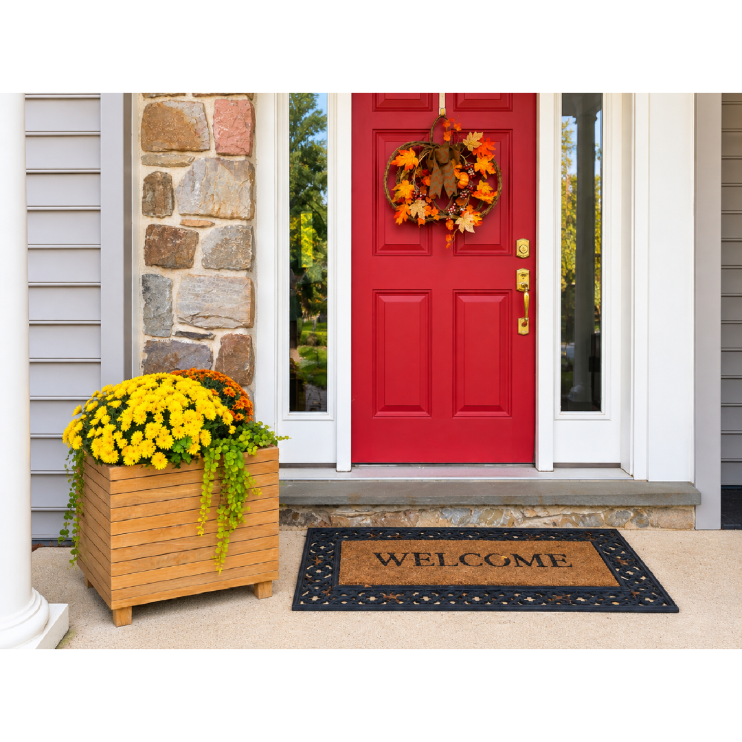 Touchstone Teak Planter - Cube shape outdoor lifestyle photo with a fall theme.