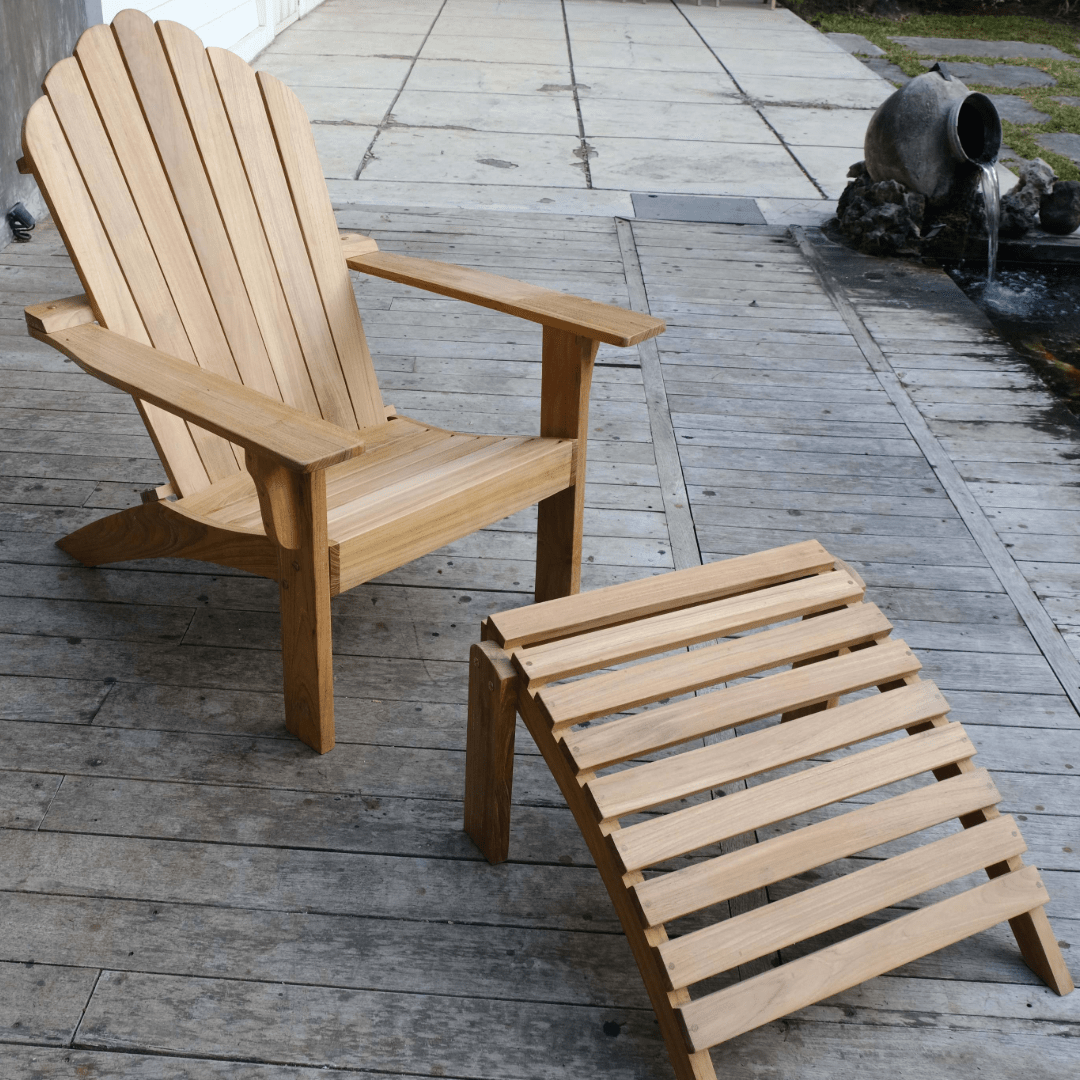 Touchstone Avenya Teak Ottoman showing with the Adirondack chair