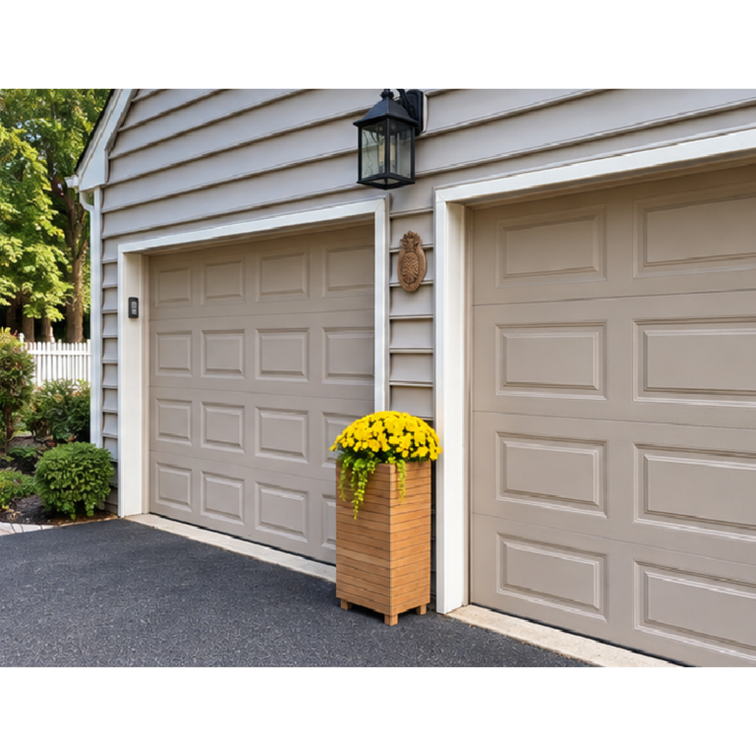 Touchstone Teak Planter - Tall shape outdoor lifestyle photo with a fall theme.