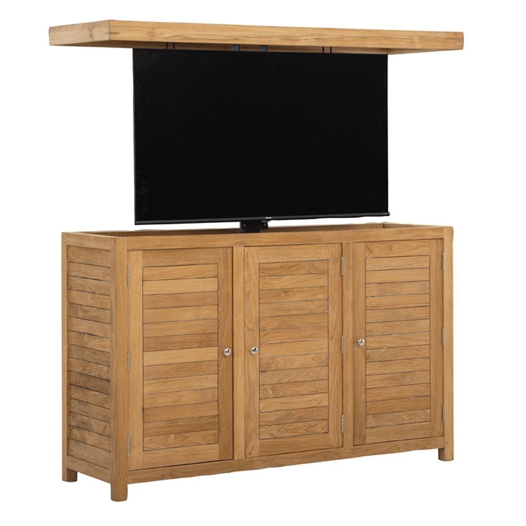 Touchstone TechTeak TV lift cabinet on white angled view with TV raised.