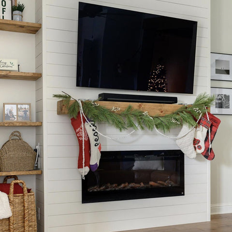 Sideline Electric Fireplace with shiplap and holiday decor by @the_honeydo_list