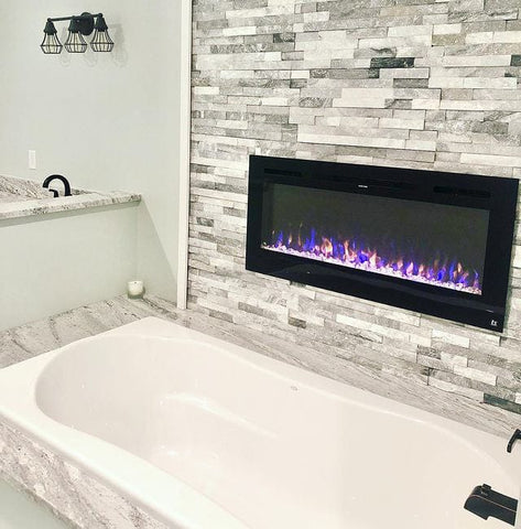 Touchstone Sideline 36 Electric Fireplace in modern farmhouse bathroom by @robertsbarndolife