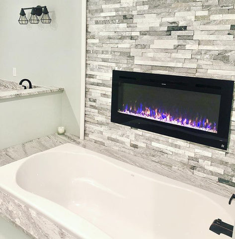Touchstone Sideline 36 Electric Fireplace in modern farmhouse bathroom by @robertsbarndolife