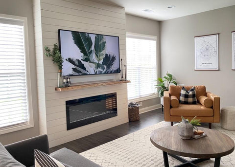 Sideline 50 Electric Fireplace with shiplap wall and gray room