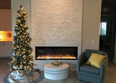 Sideline Elite Electric Fireplace in white faux stone wall