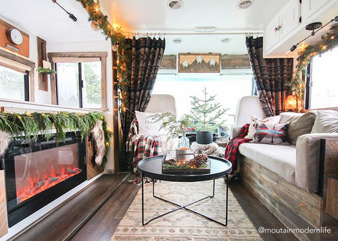 Touchstone Sideline 36 Electric Fireplace in festive holiday style in an RV by Mountain Modern Life