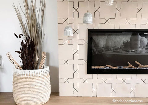 Touchstone Sideline Electric Fireplace in tile wall by @thebohemiancasa