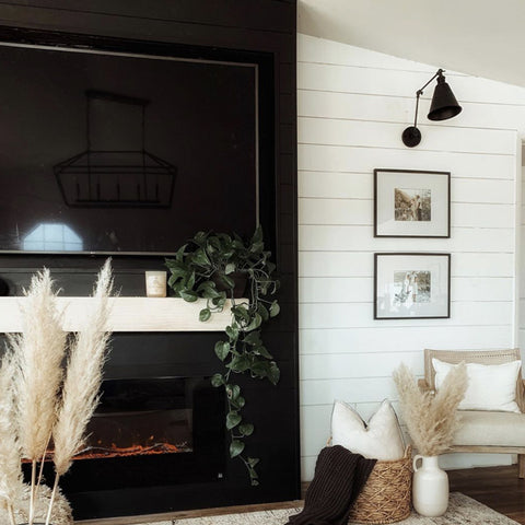Black shiplap wall with Touchstone Onyx Electric Fireplace by @themamabirdd