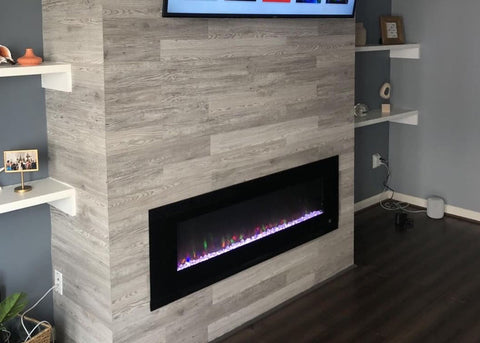 Touchstone Valueline 60 Electric Fireplace in bump out wall with shelves by customer Rony