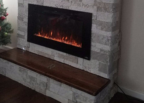Sideline 40 Recessed Electric Fireplace in a light stone mantel with wood accents