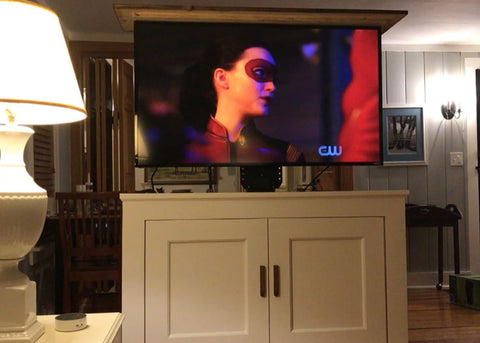 Customer Dan builds a custom TV lift cabinet using a Touchstone Whisper Lift II TV lift and plans by Jon Peters