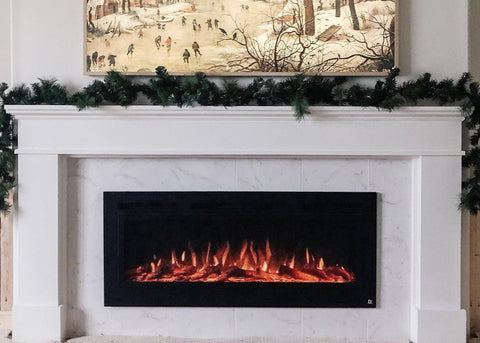 Touchstone Sideline 50 Electric Fireplace in a built in white mantel with marble surround