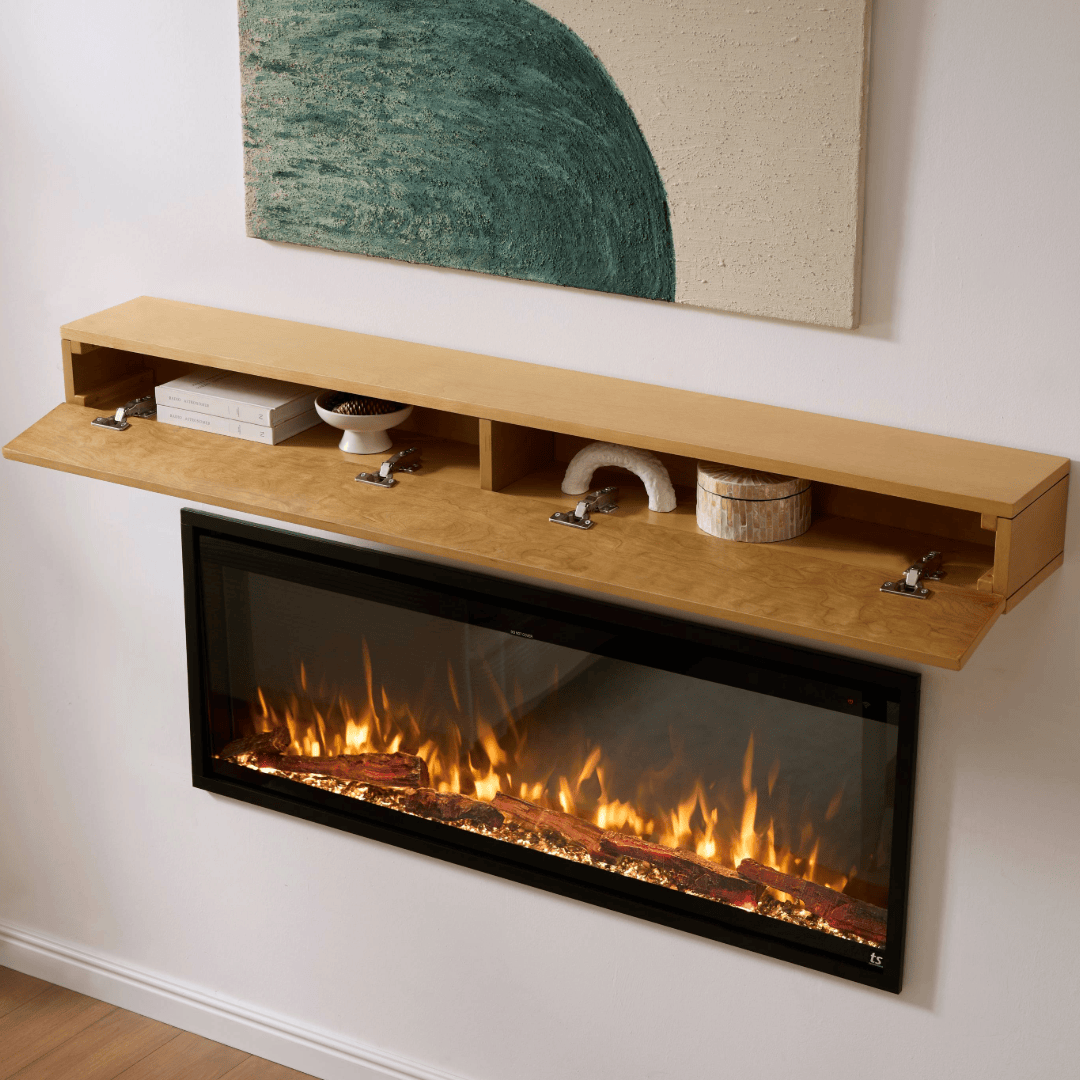 Touchstone 90018 Natural Dropdown Electric Fireplace mantel shelf with the Sideline Elite Pro 50" Electric Fireplace  close up lifestyle image with the mantel opened.