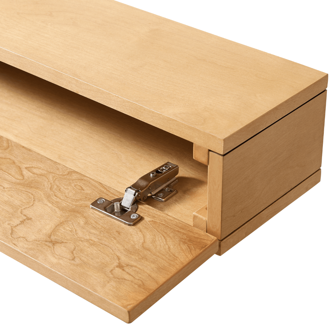 Touchstone 90018 Natural Dropdown Electric Fireplace mantel shelf close up image of the mantel opened on white.