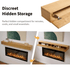Touchstone 90018 Natural Dropdown Electric Fireplace mantel shelf with the Sideline Elite Pro 50" Electric Fireplace discreet hidden storage infographic.