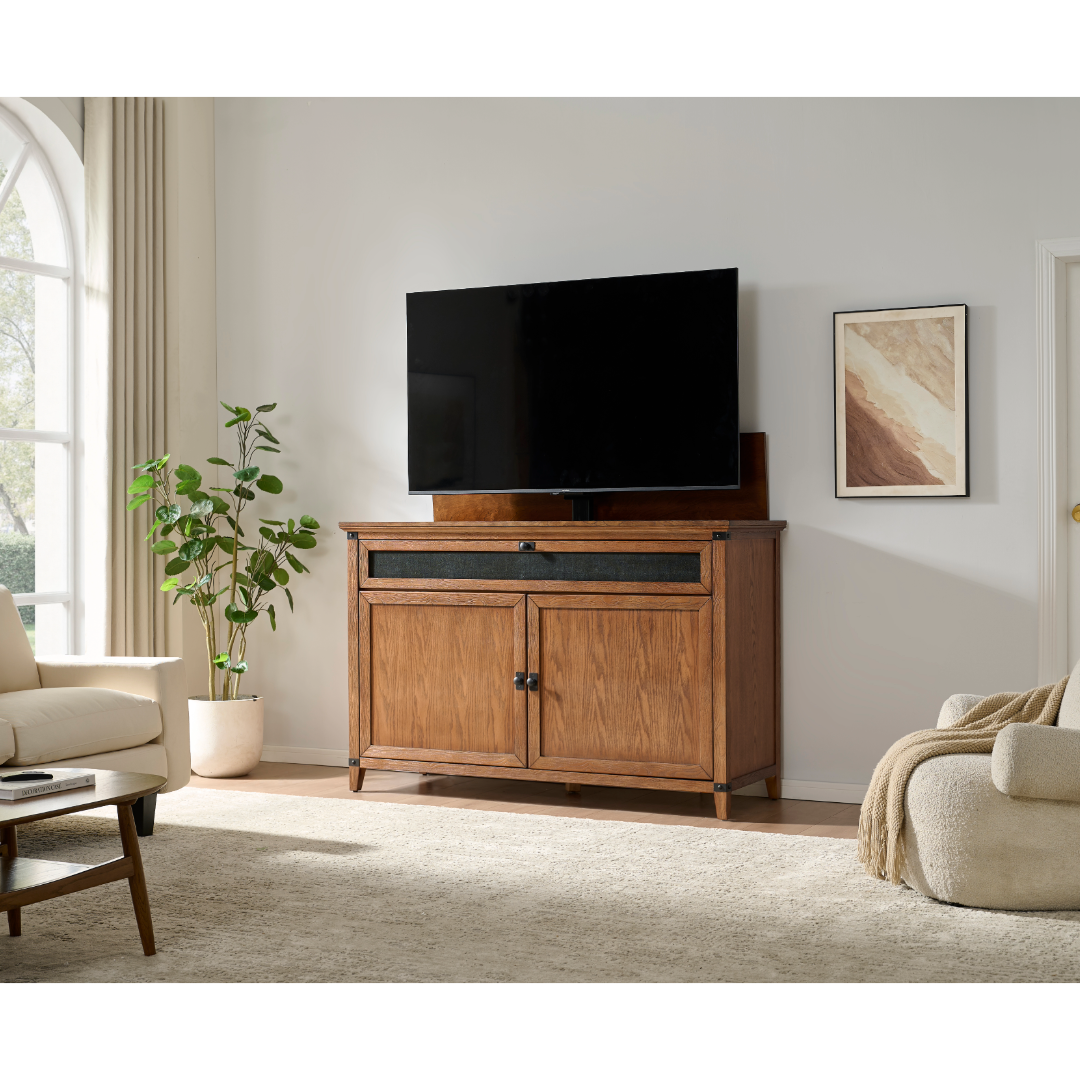 Touchstone Claymont Smart TV Lift Cabinet 70263 angled lifestyle photo with TV and mesh.
