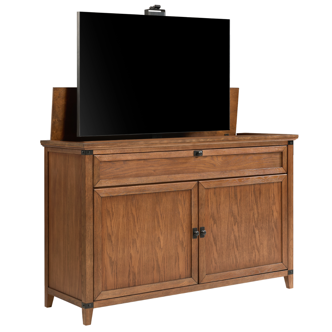 Touchstone Claymont Smart TV Lift Cabinet 70263 angled with TV on white.