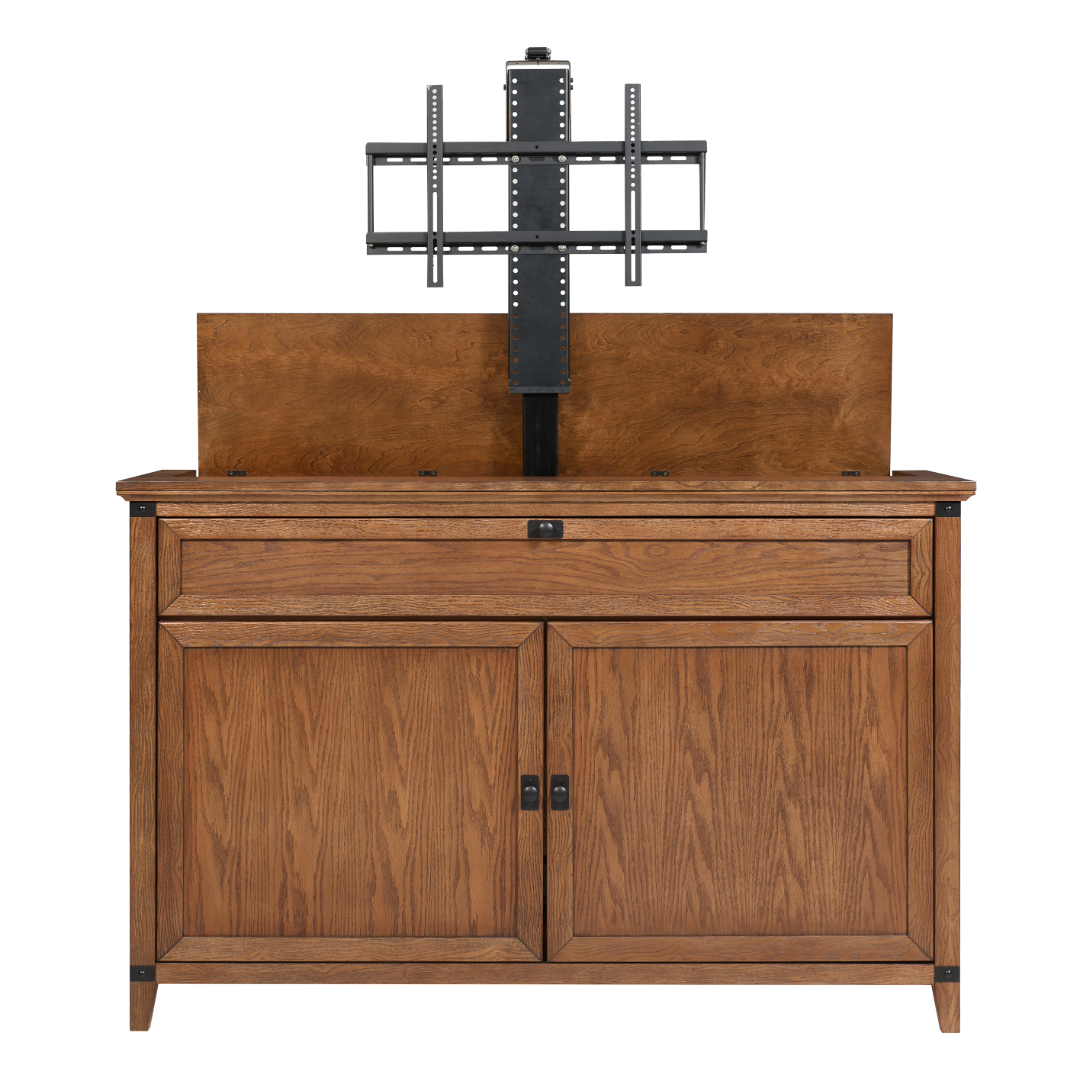 Touchstone Claymont Smart TV Lift Cabinet 70263 front facing with lift raised on white.