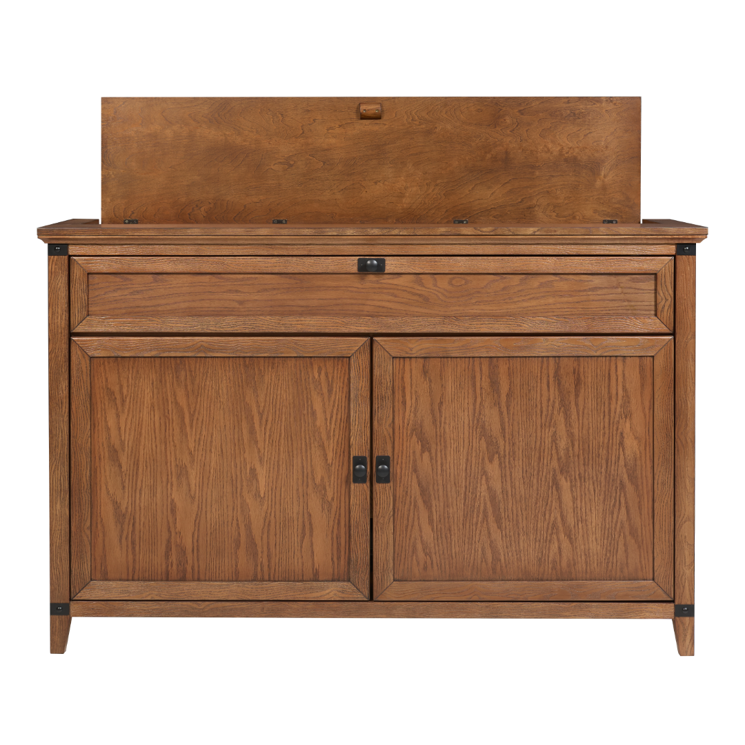 Touchstone Claymont Smart TV Lift Cabinet 70263 front facing shot with lid open on white.
