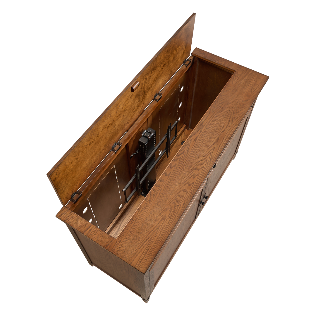 Touchstone Claymont Smart TV Lift Cabinet 70263 shot rom above on white showing the inside of the cabinet.