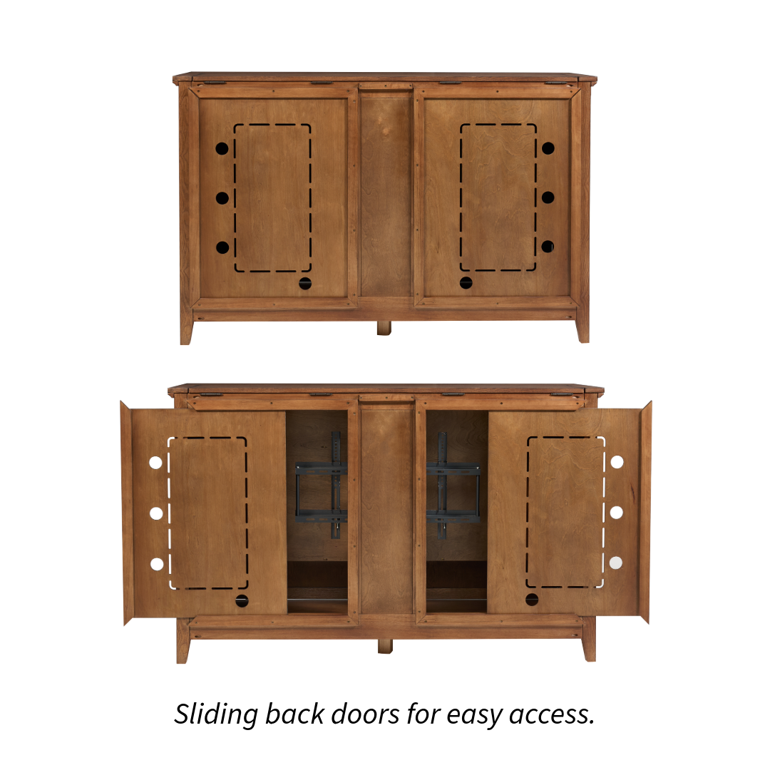 Touchstone Claymont Smart TV Lift Cabinet 70263 sliding back doors for easy access graphic.