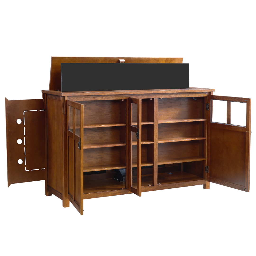 Touchstone 70062 Bungalow Smart TV Lift Cabinet shelves showing image on white.