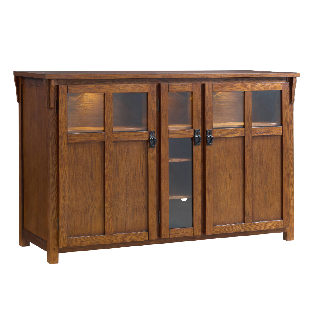 Touchstone 70062 Bungalow Smart TV Lift Cabinet angled photo with cabinet closed on white.