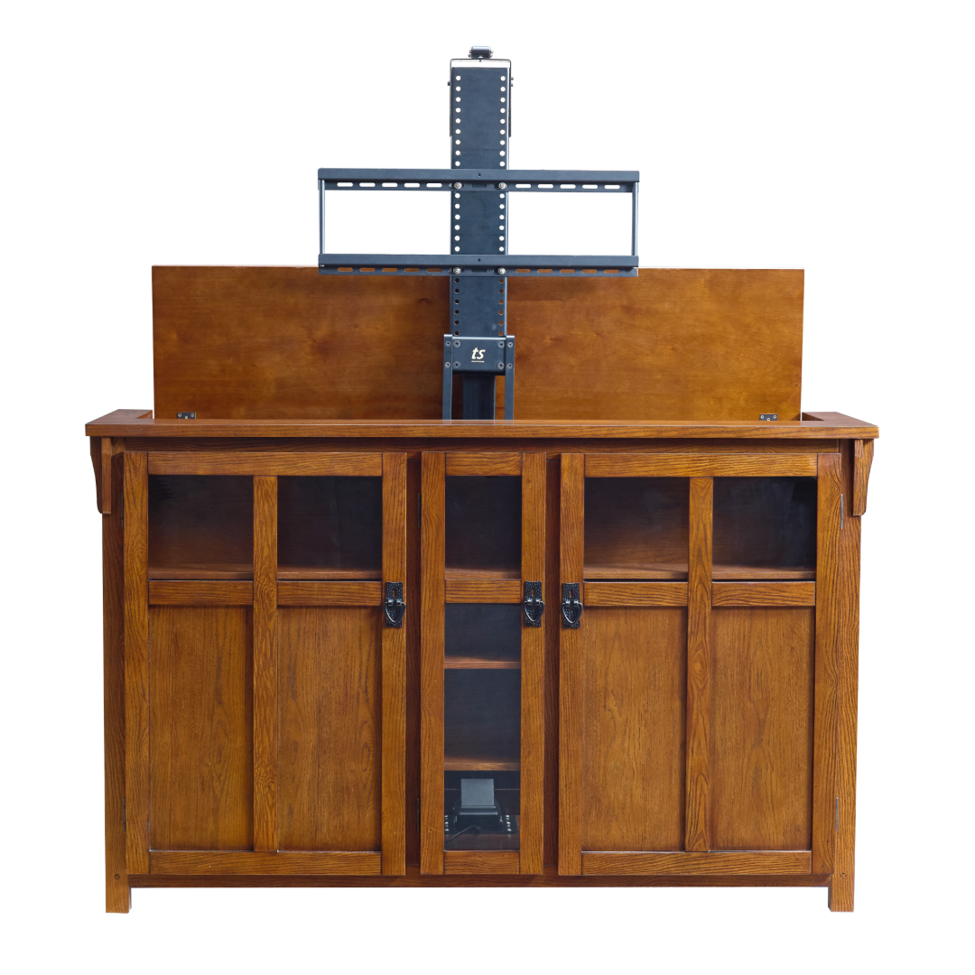 Touchstone 70062 Bungalow Smart TV Lift Cabinet front facing with lift on white.