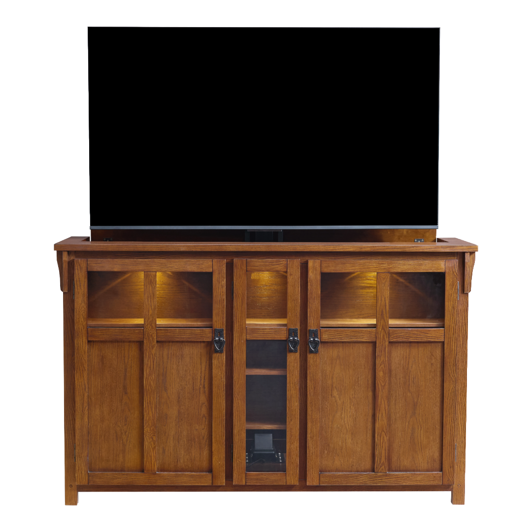 Touchstone 70062 Bungalow Smart TV Lift Cabinet front facing with tv on white.