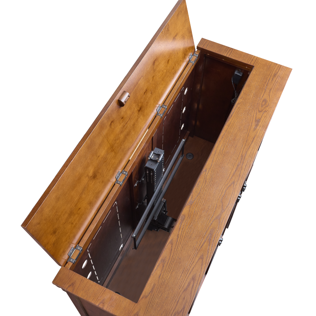 Touchstone 70062 Bungalow Smart TV Lift Cabinet top angle view with cabinet open on white.