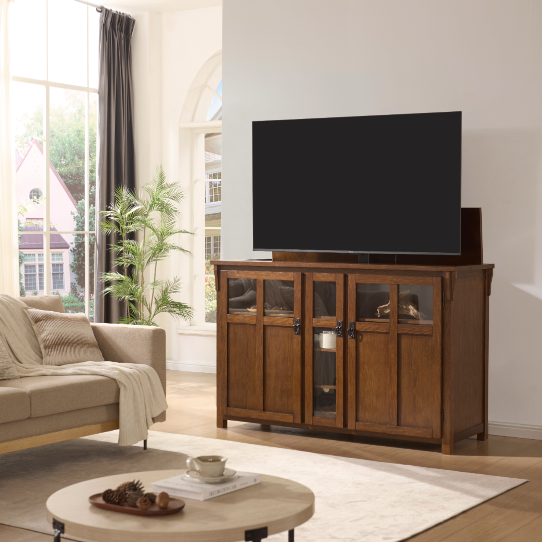 Touchstone 70062 Bungalow Smart TV Lift Cabinet angled lifestyle image.