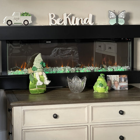 Touchstone Chesmont Wall Mount 3 Sided Electric Fireplace decorated for St. Patrick's. Day