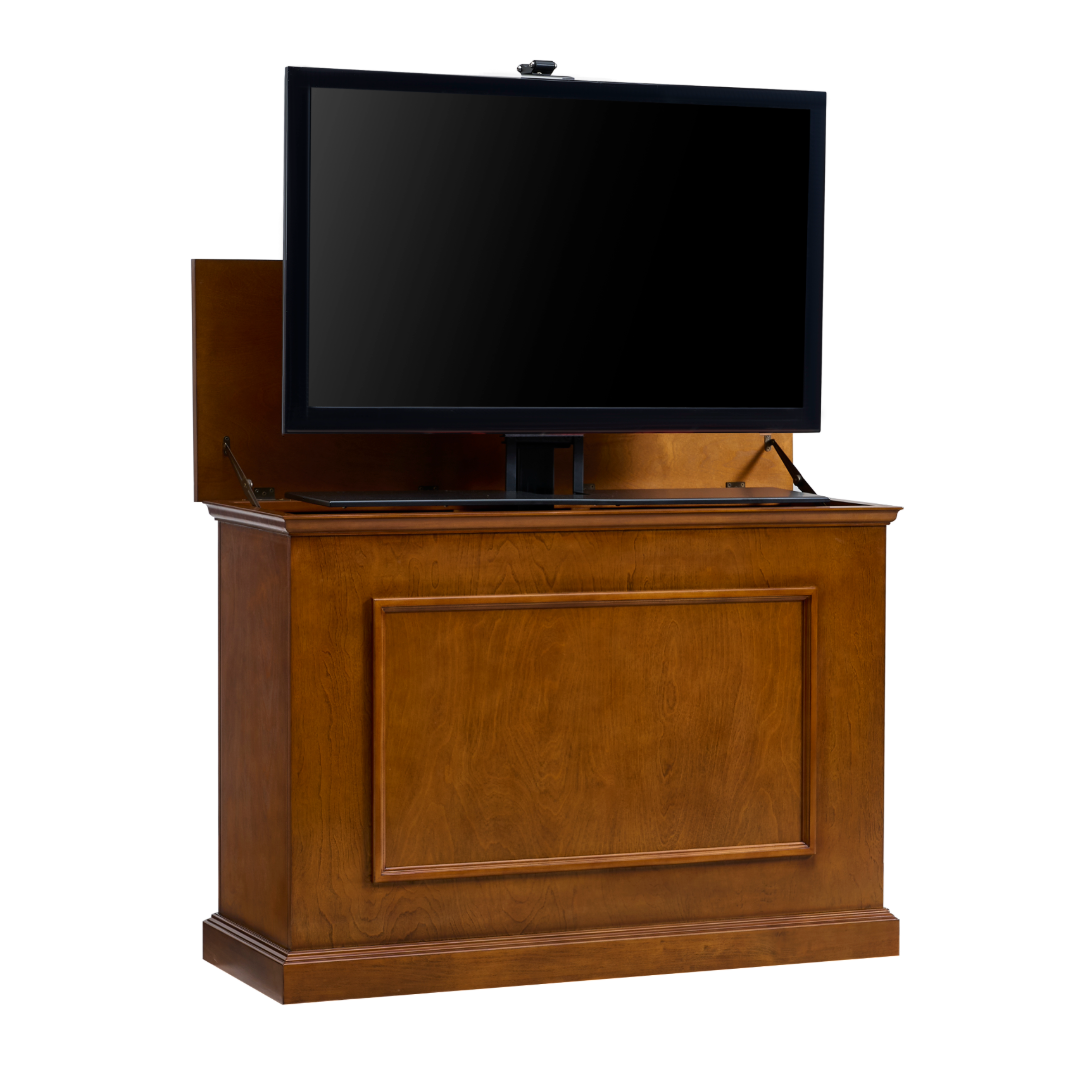 Touchstone Elevate 72009 Smart TV Lift Cabinet in Honey Oak Finish angled with TV on white.