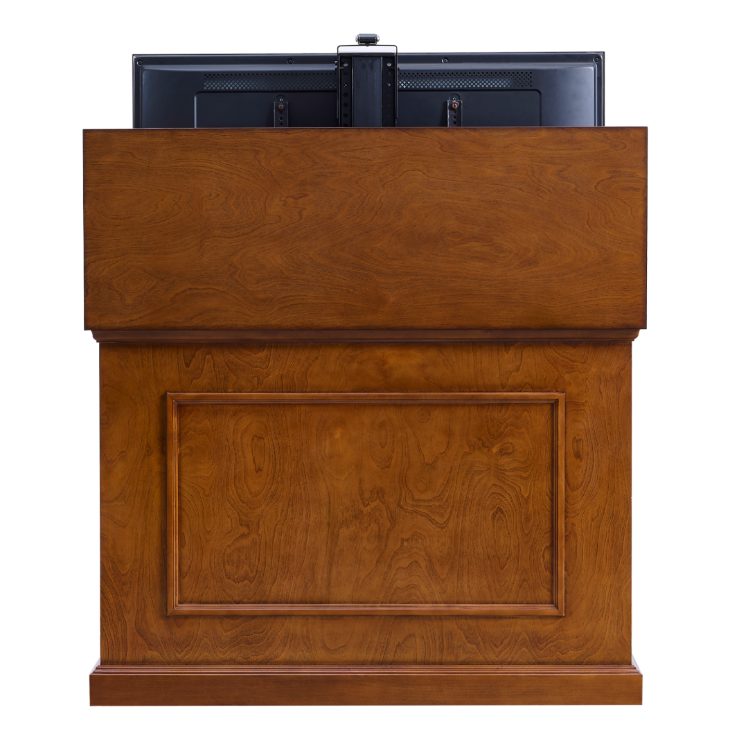 Touchstone Elevate 72009 Smart TV Lift Cabinet in Honey Oak Finish back view with TV on white.