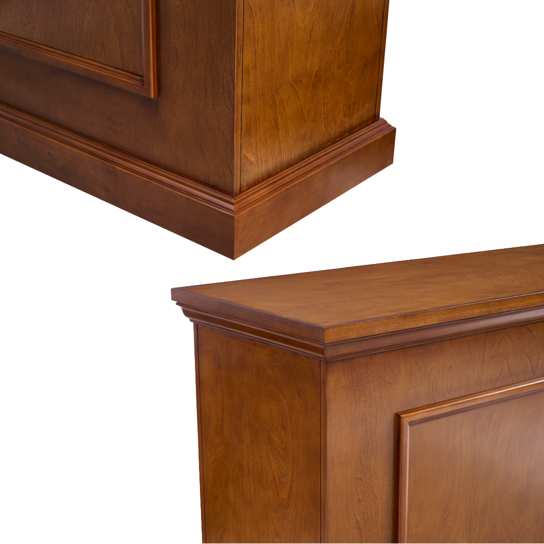 Touchstone Elevate 72009 Smart TV Lift Cabinet in Honey Oak Finish detail photos on white.