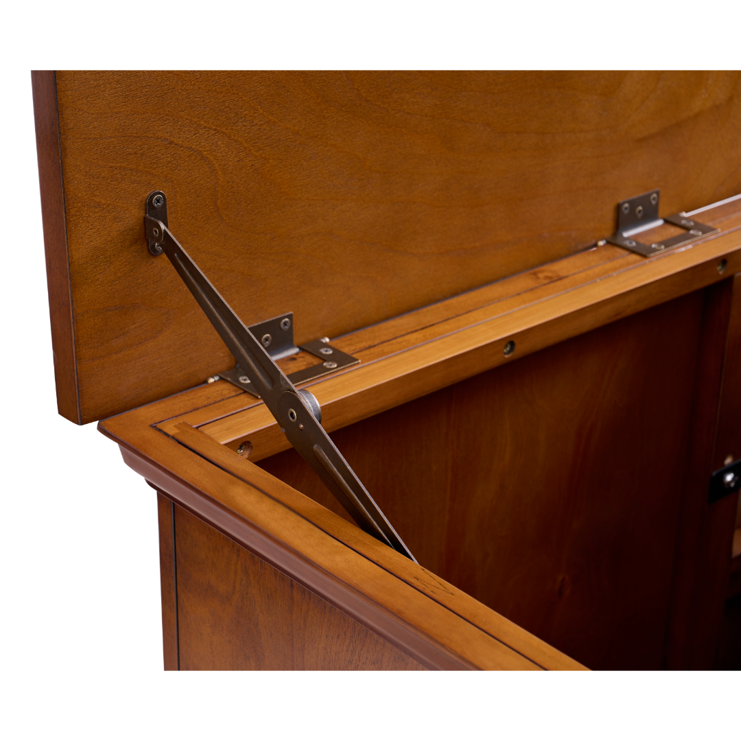 Touchstone Elevate 72009 Smart TV Lift Cabinet in Honey Oak Finish hinge detail photo on white.