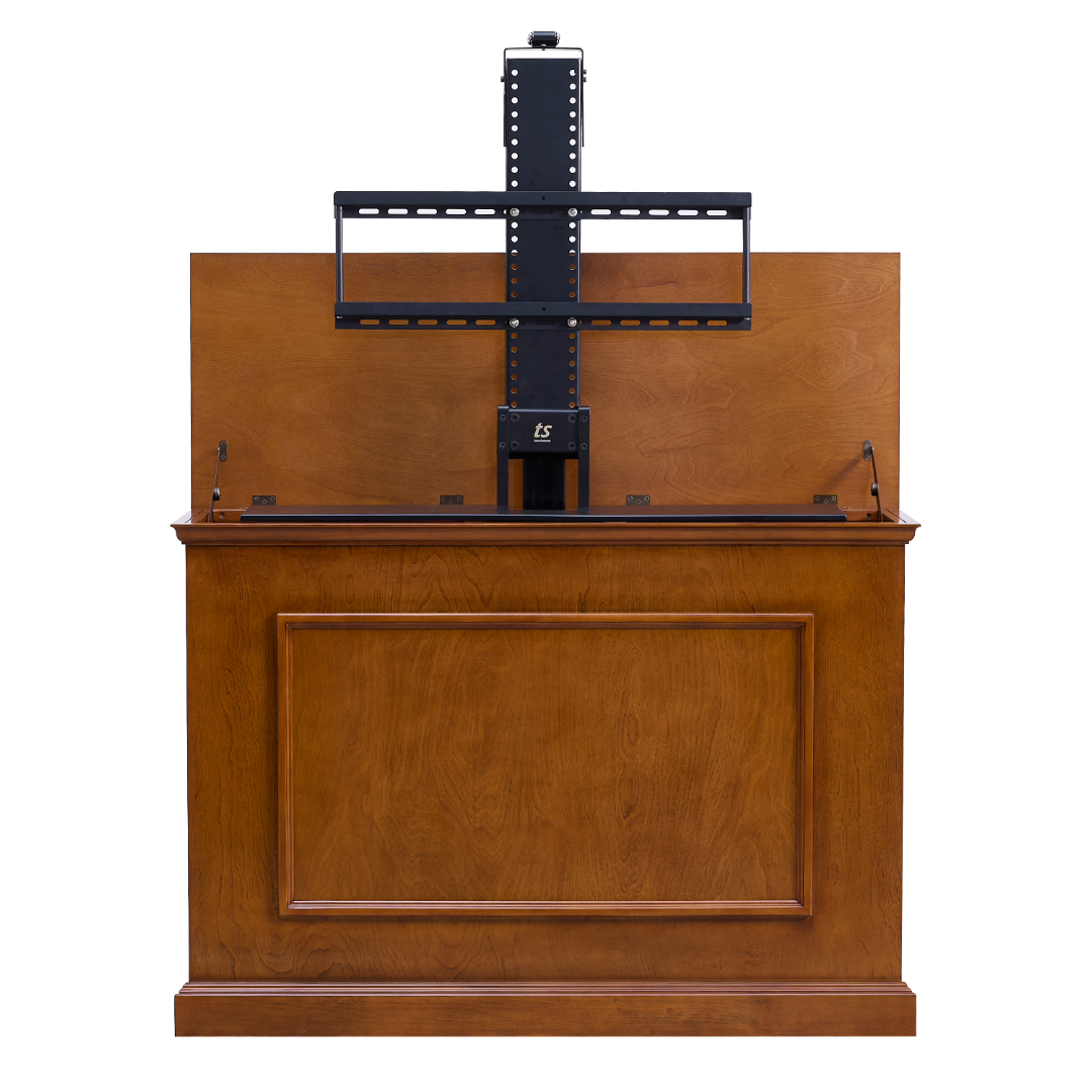 Touchstone Elevate 72009 Smart TV Lift Cabinet in Honey Oak Finish front view with lift on white.