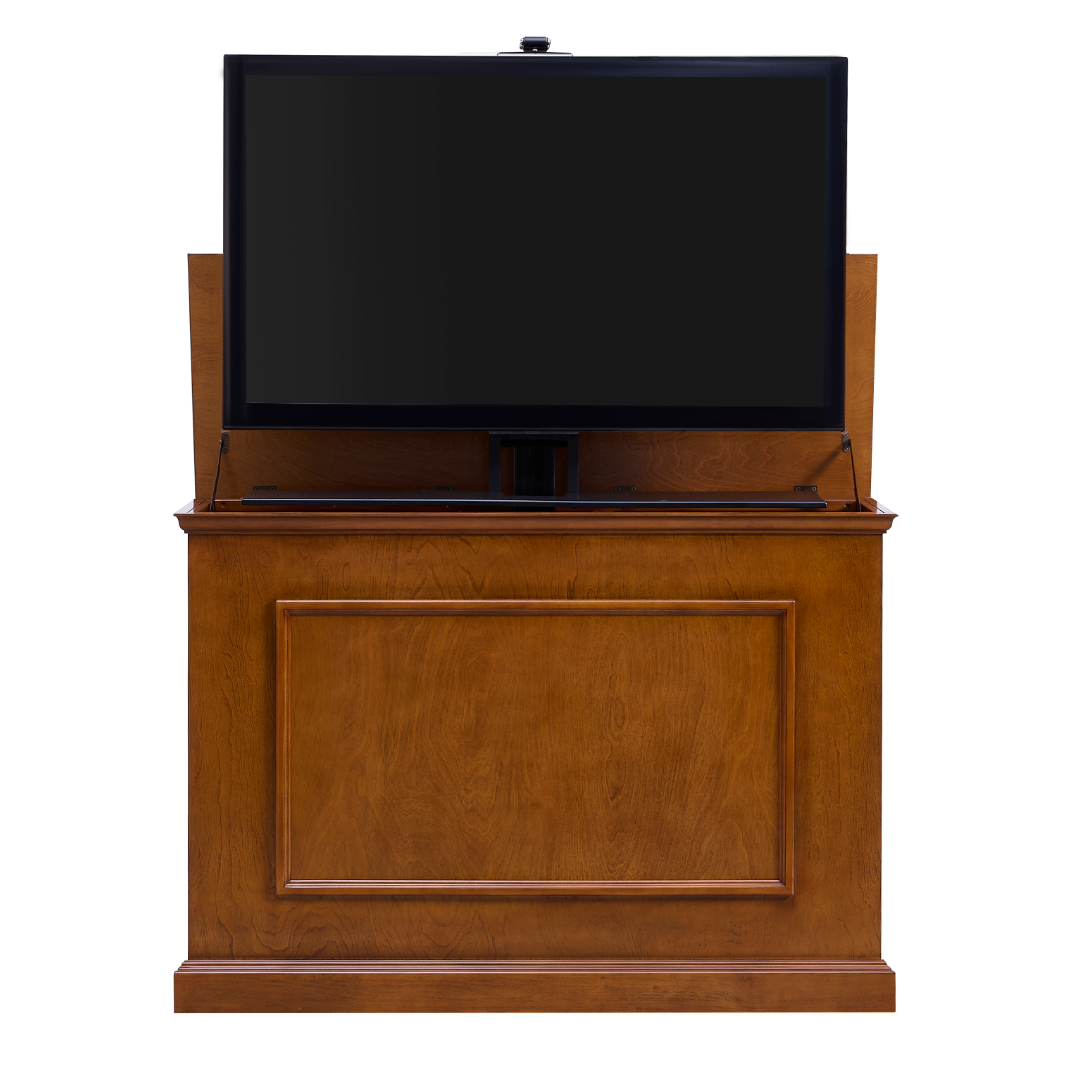 Touchstone Elevate 72009 Smart TV Lift Cabinet in Honey Oak Finish front view with TV on white.
