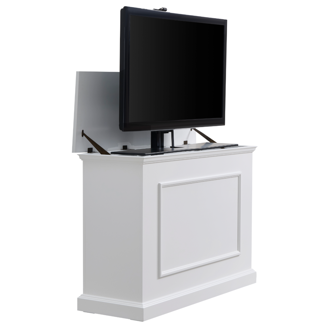Touchstone Elevate 72015 Smart TV Lift Cabinet in White Finish angled view with TV on white.
