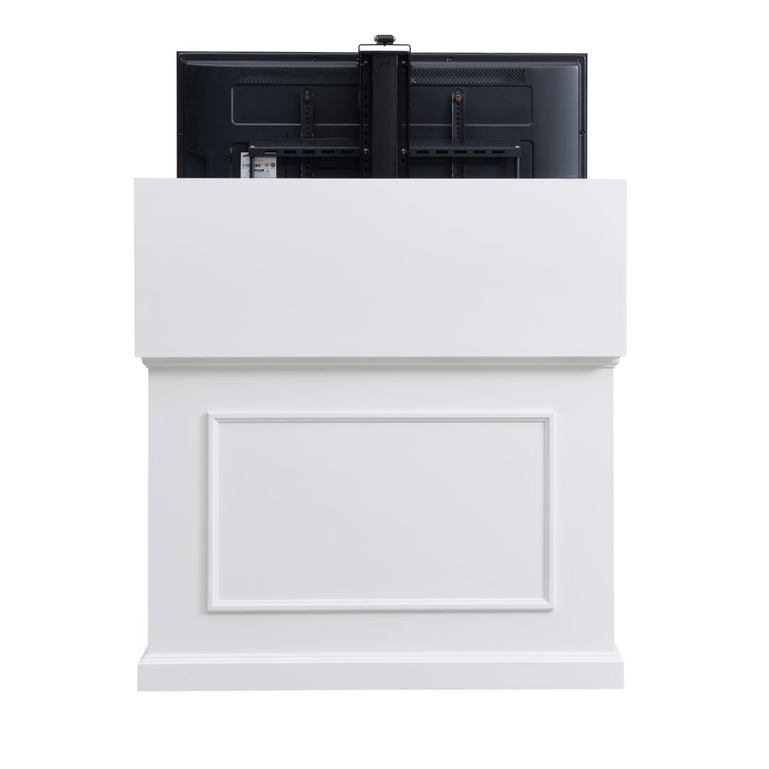 Touchstone Elevate 72015 Smart TV Lift Cabinet in White Finish back view with TV on white