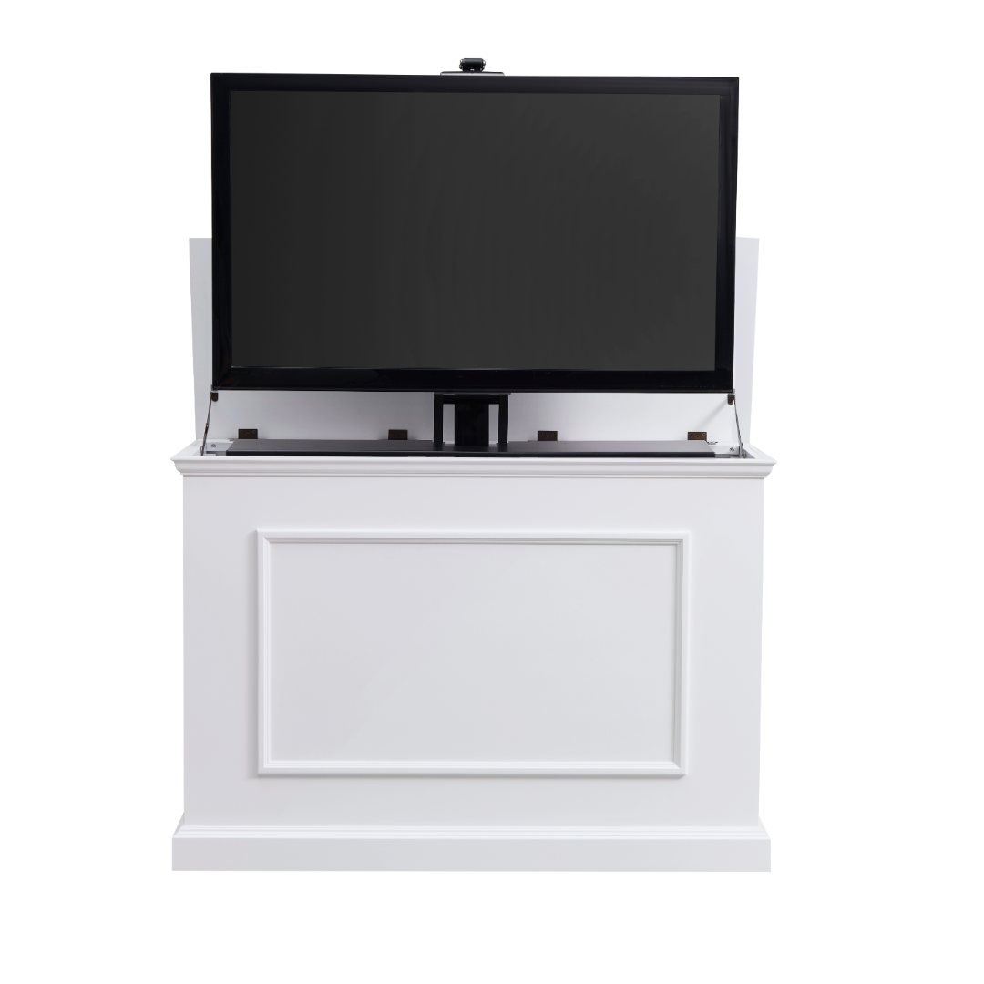 Touchstone Elevate 72015 Smart TV Lift Cabinet in White Finish facing front with TV on white.